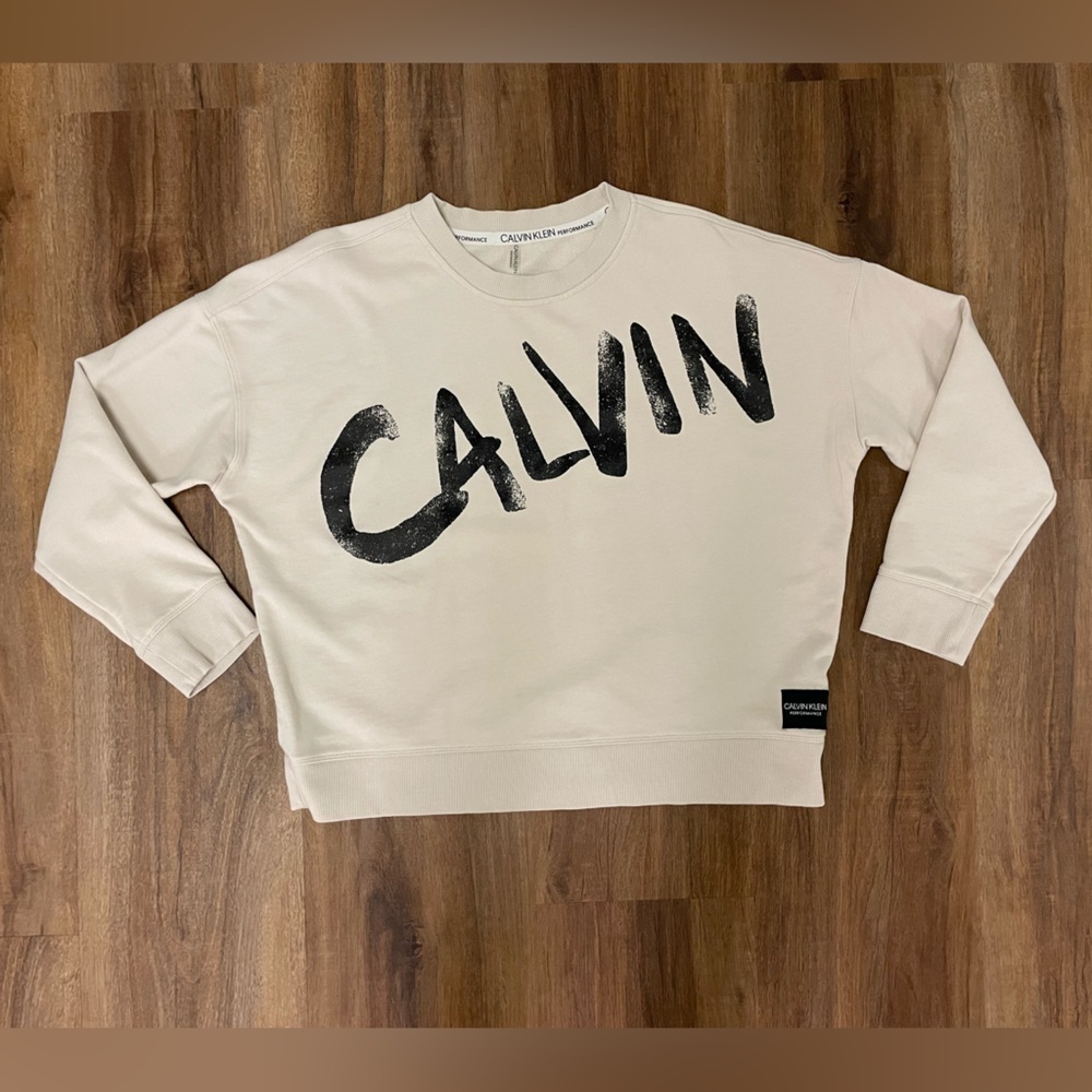 Calvin Klein Performance Sweatshirt, Beige w Blk logo Oversized, cropped Size XL